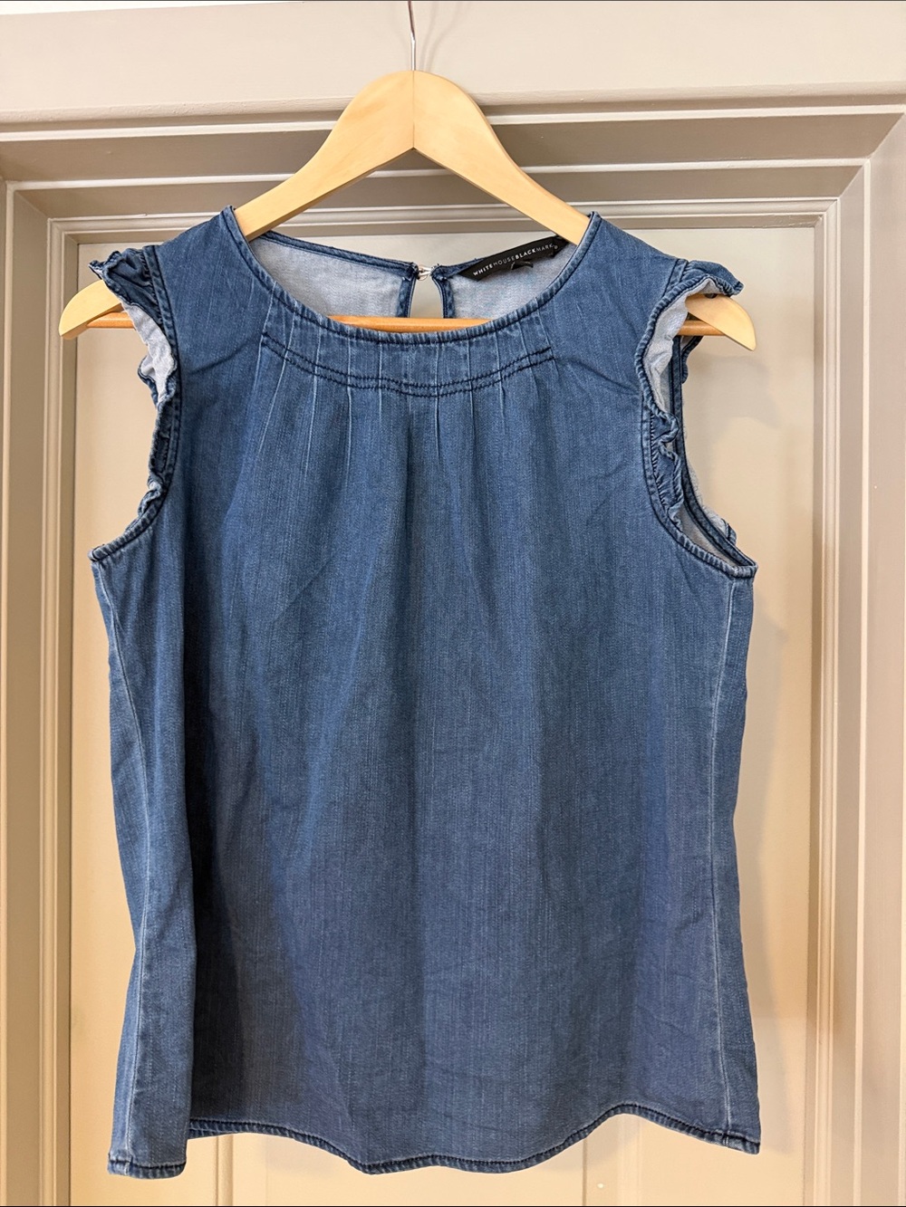 White House Black Market Denim Blue Sleeveless Ruffle Trim Top